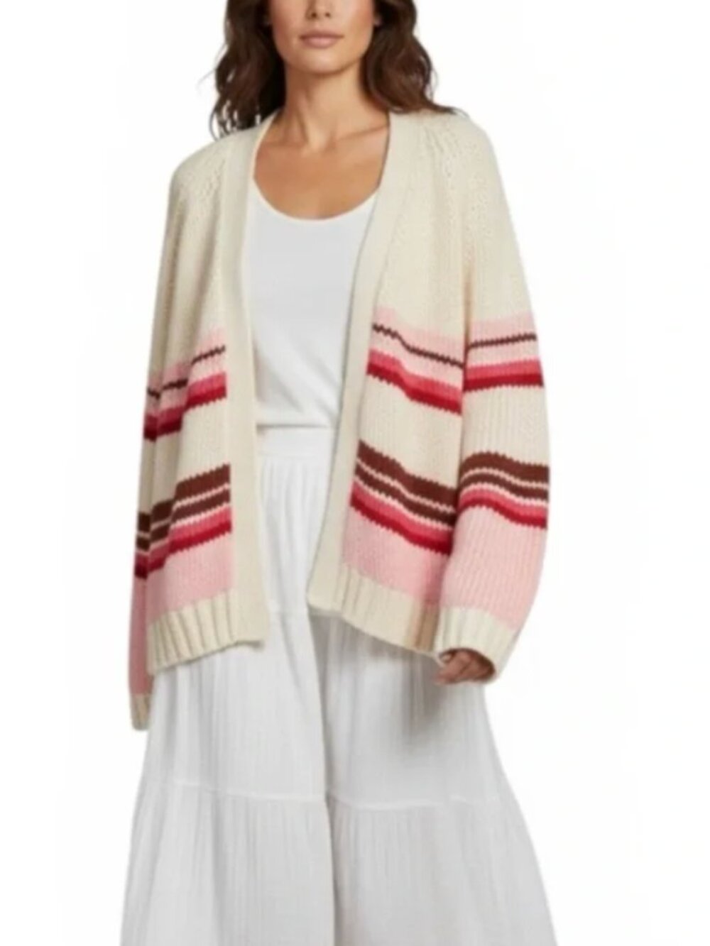 XíRENA Cream Striped Cardigan M Chunky Knit Boho Open Front Pink Red Cozy
